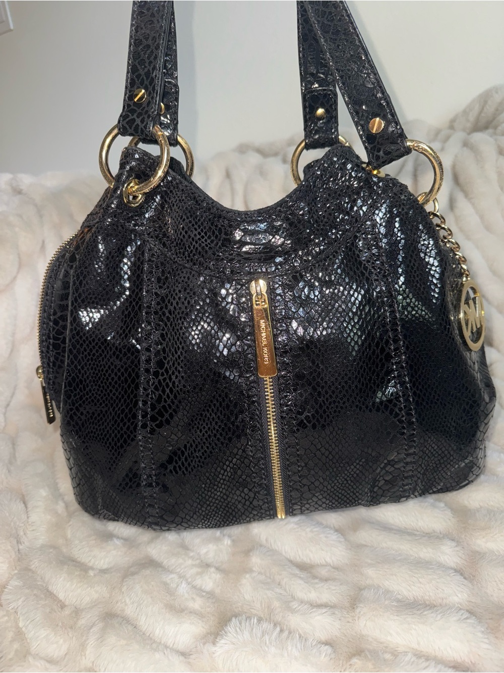 Michael Kors Black Snake-Embossed Patent Leather Shoulder Bag with Gold Hardware